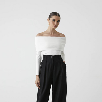 White Off-The-Shoulder Knit Sweater